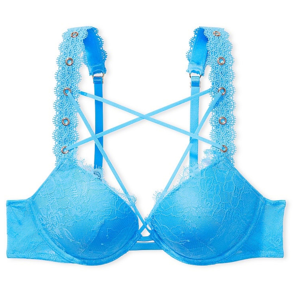 NEW Victoria's Secret Very Sexy Capri Blue Rose Lace & Grommet Push-Up Bra 32C D
